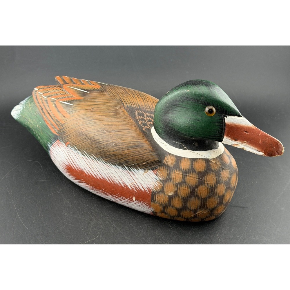 Vintage Hand Painted Wooden Mallard Duck Decoy-Glass Eyes, Rustic Cabin Decor